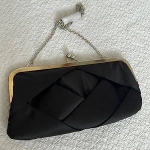 NINA New York- black satin woven kiss lock clutch/ evening bag w strap- NEW